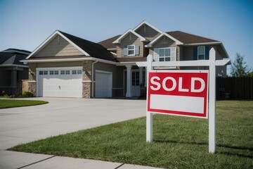 Beautiful suburban home with a 'sold' sign in front yard, representing successful real estate transactions and new ownership.