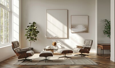 Bright living room with a mockup canvas on the wall