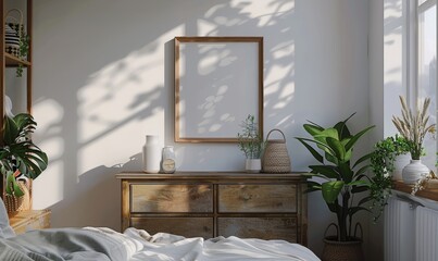Bright bedroom with an empty frame on the dresser