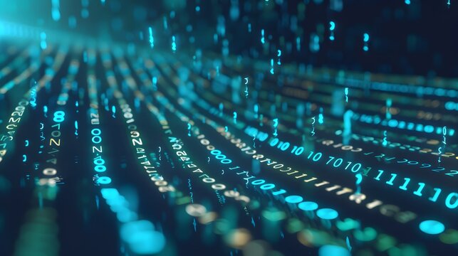 Digital data flow with binary code representing tech, coding, and info transfer