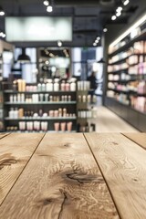 A wooden display table in the foreground with a blurred background of a cosmetic store. The background features shelves with makeup products, and skincare items