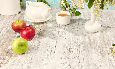 Summer Tea Party with Flowers Sunlit Wooden Table Setting