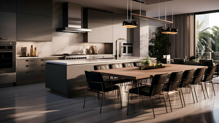 A modern kitchen with sleek metallic countertops, equipped with advanced cooking appliances and a spacious dining area