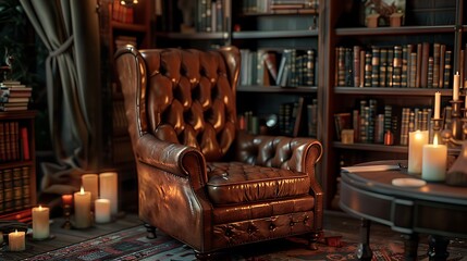 High-quality photo of a classic library scene with a comfortable leather armchair and cozy candle lighting.