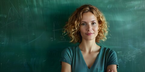 Female teacher standing by green chalkboard for Teachers Day post design. Concept Teachers Day, School Theme, Chalkboard Background, Teacher Appreciation, Educational Setting