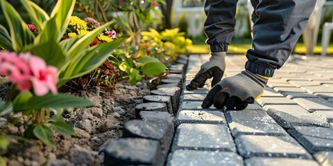 Landscaper Installing Edging for Garden Paver Security. Concept Gardening, Landscaping, Edging, Pavers, Security
