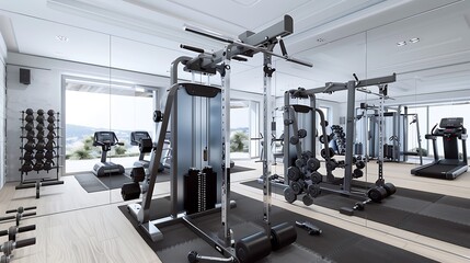 A high-end home gym with professional-grade equipment, mirrored walls, and a sleek, monochrome color palette.