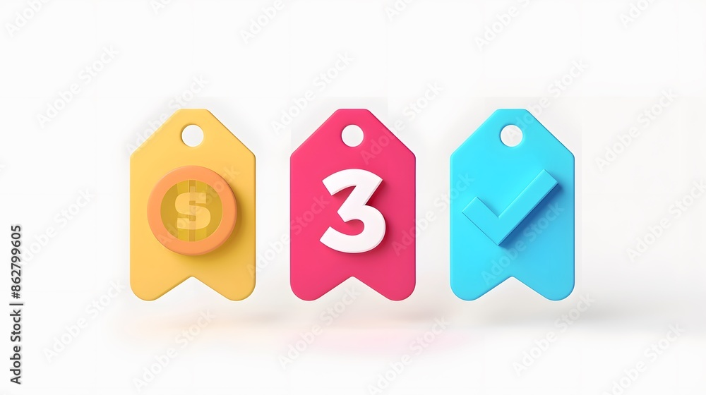 Poster label set with percent, check mark and discount. app icon. 3d web vector illustrations. white backgr