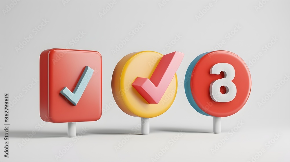 Poster label set with percent, check mark and discount. app icon. 3d web vector illustrations. white backgr