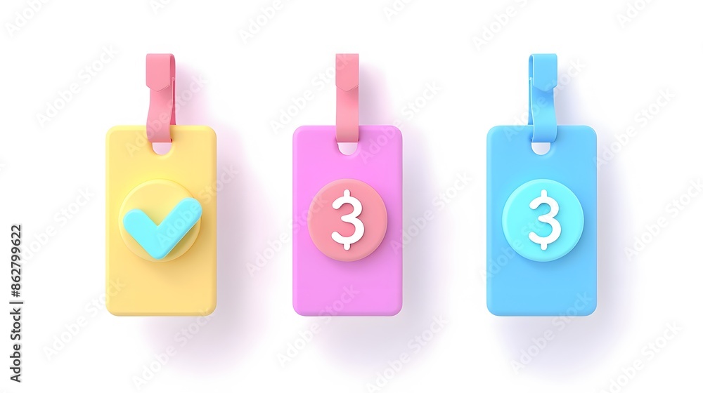 Poster label set with percent, check mark and discount. app icon. 3d web vector illustrations. white backgr