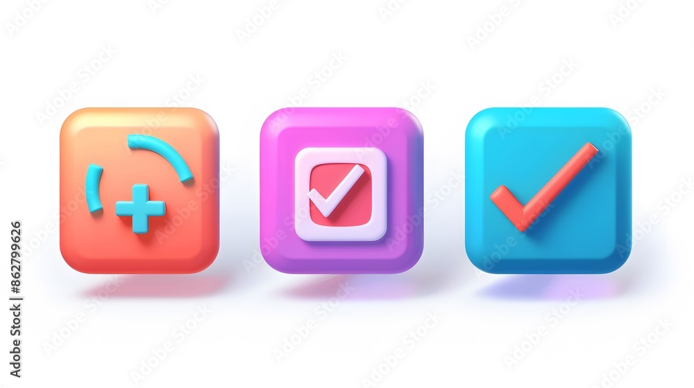 Poster label set with percent, check mark and discount. app icon. 3d web vector illustrations. white backgr