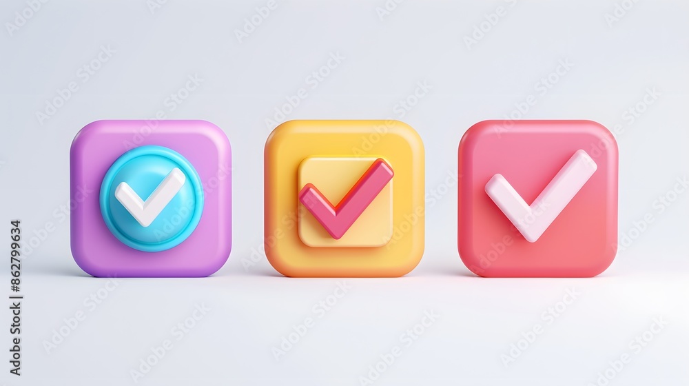 Poster label set with percent, check mark and discount. app icon. 3d web vector illustrations. white backgr