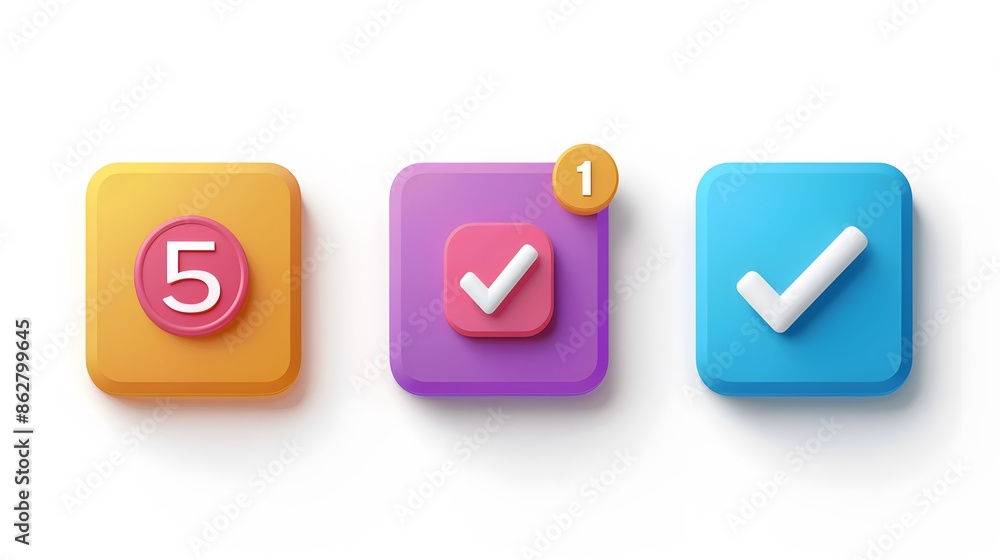 Poster label set with percent, check mark and discount. app icon. 3d web vector illustrations. white backgr