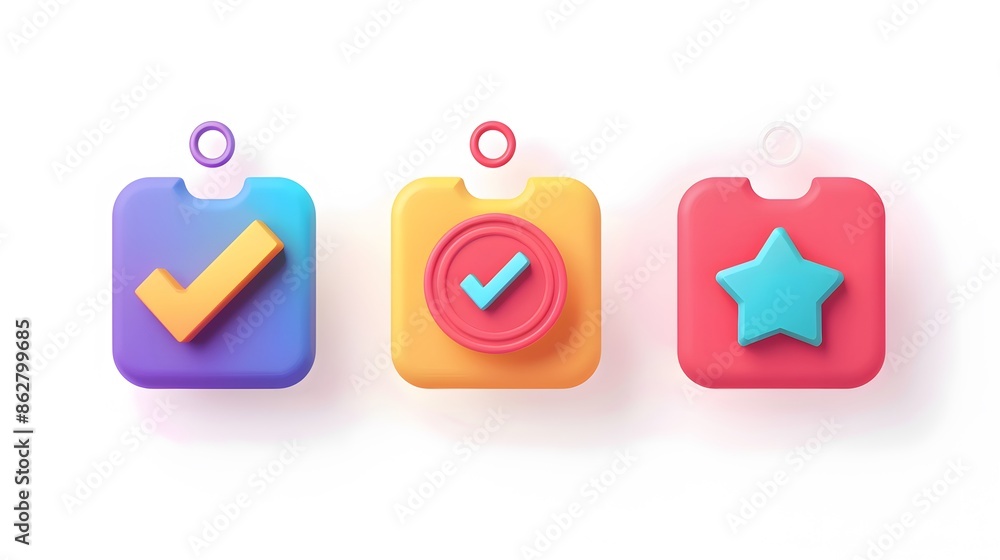 Poster label set with percent, check mark and discount. app icon. 3d web vector illustrations. white backgr