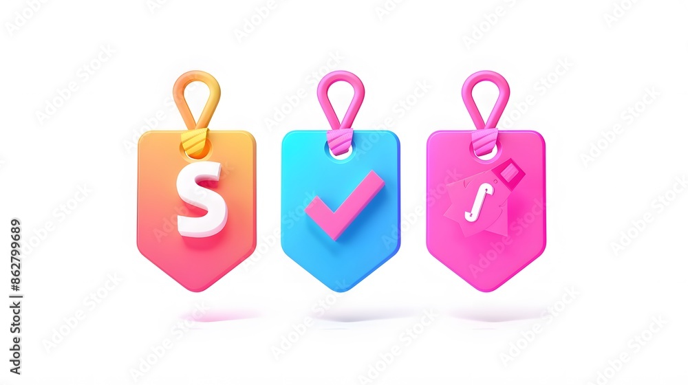 Poster label set with percent, check mark and discount. app icon. 3d web vector illustrations. white backgr