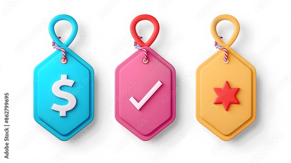 Poster label set with percent, check mark and discount. app icon. 3d web vector illustrations. white backgr