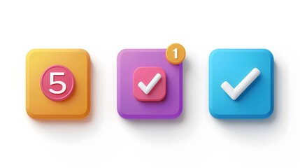 Label set with percent, check mark and discount. App icon. 3D Web Vector Illustrations. White background