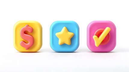 Label set with percent, check mark and discount. App icon. 3D Web Vector Illustrations. White background