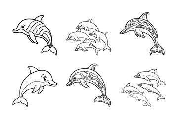 Cute Silhouette Vector Bundle of Six Marine Marvels I Charming vector illustration featuring a bundle of six adorable dolphin silhouettes. © TR Studio
