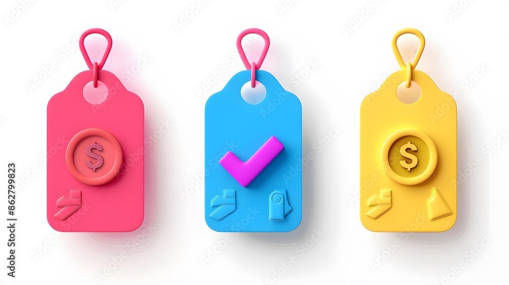 Poster label set with percent, check mark and discount. app icon. 3d web vector illustrations. white backgr