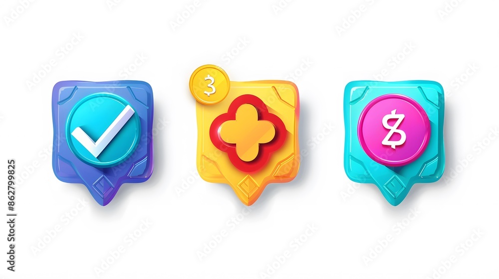 Poster label set with percent, check mark and discount. app icon. 3d web vector illustrations. white backgr