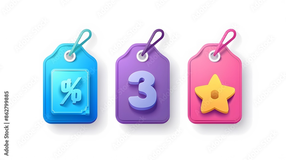 Poster label set with percent, check mark and discount. app icon. 3d web vector illustrations. white backgr
