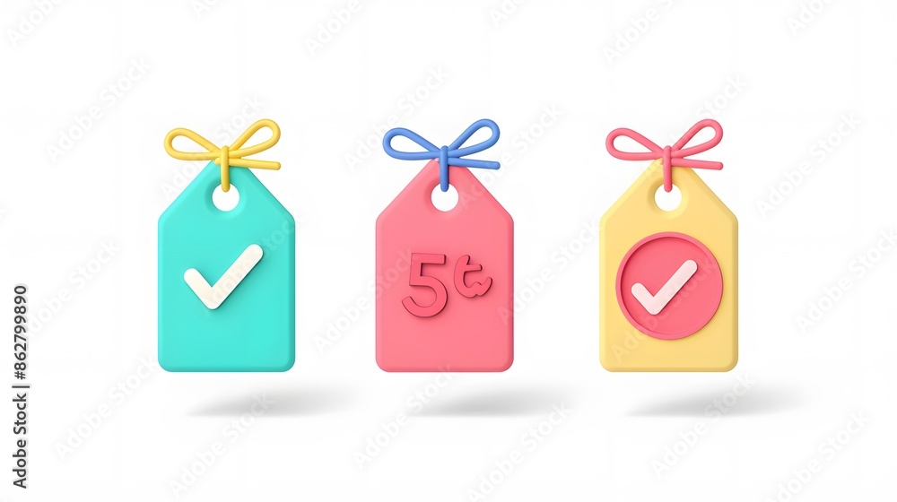 Poster label set with percent, check mark and discount. app icon. 3d web vector illustrations. white backgr
