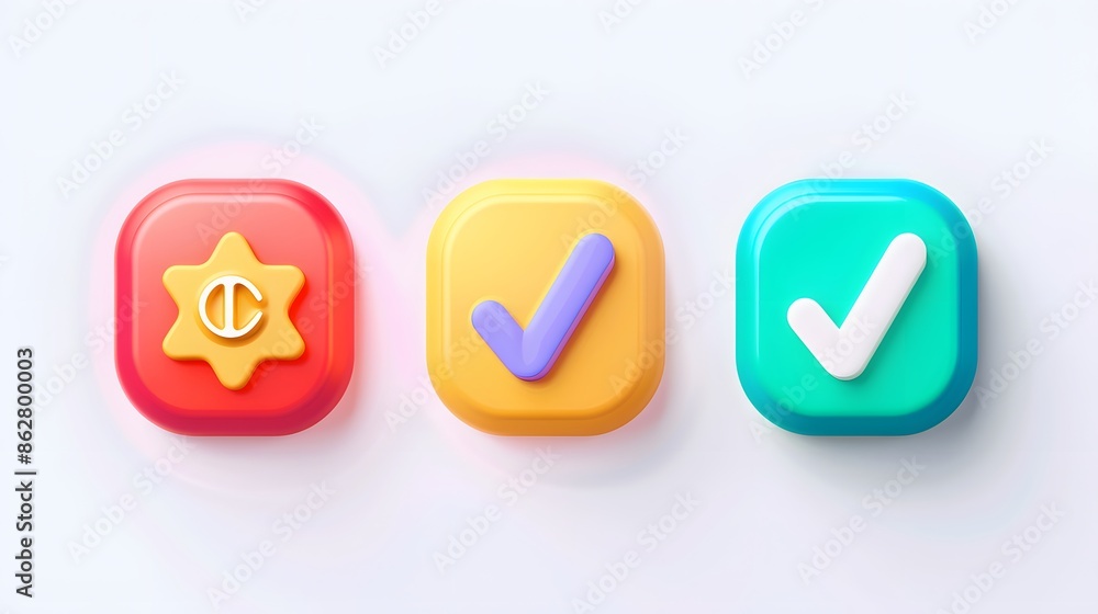 Poster label set with percent, check mark and discount. app icon. 3d web vector illustrations. white backgr