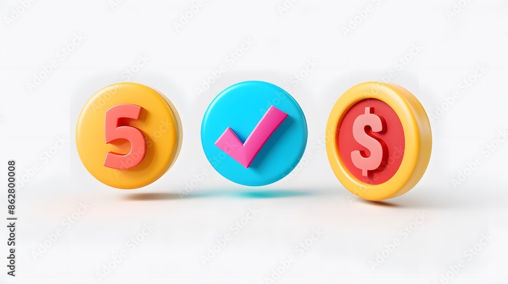 Poster label set with percent, check mark and discount. app icon. 3d web vector illustrations. white backgr