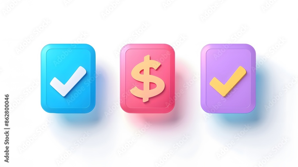 Poster label set with percent, check mark and discount. app icon. 3d web vector illustrations. white backgr