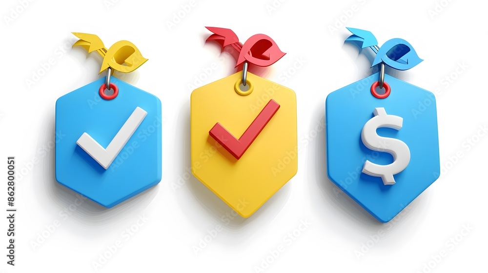 Poster label set with percent, check mark and discount. app icon. 3d web vector illustrations. white backgr