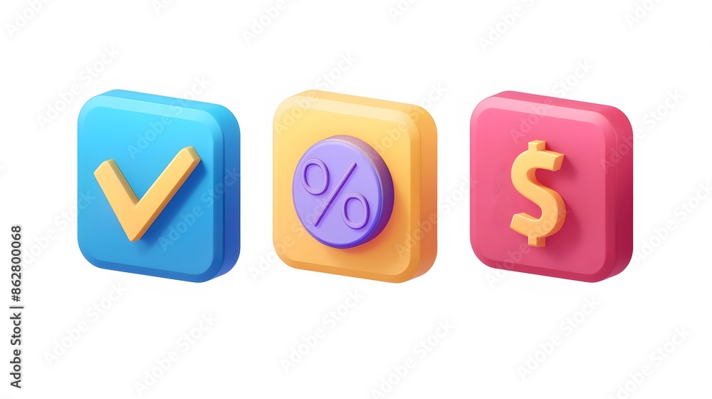 Poster label set with percent, check mark and discount. app icon. 3d web vector illustrations. white backgr