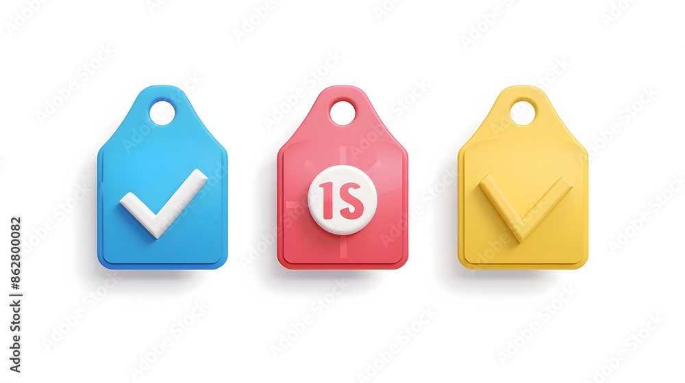 Poster label set with percent, check mark and discount. app icon. 3d web vector illustrations. white backgr