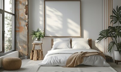 Minimalist bedroom with a blank canvas on the nightstand