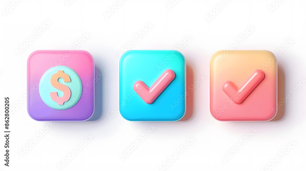 Poster label set with percent, check mark and discount. app icon. 3d web vector illustrations. white backgr