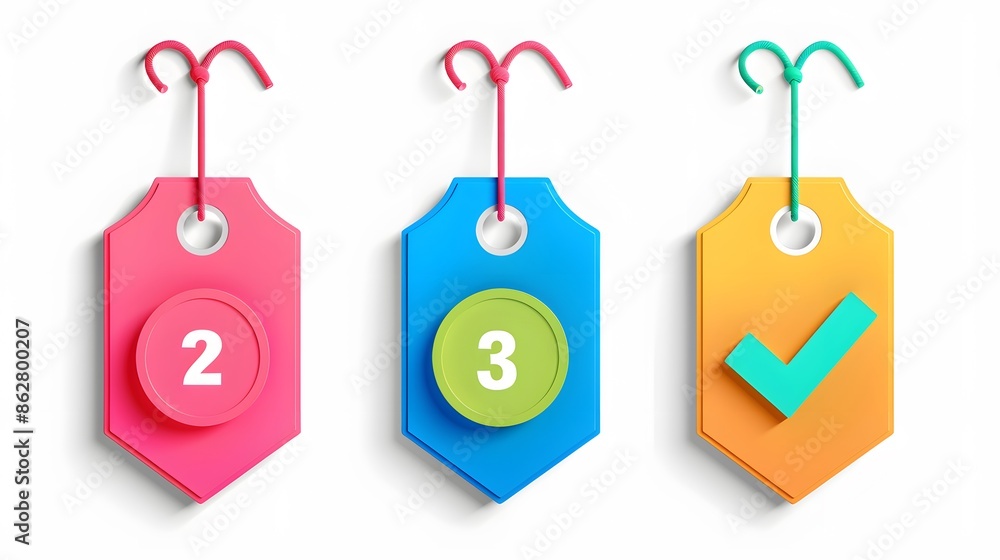 Poster label set with percent, check mark and discount. app icon. 3d web vector illustrations. white backgr