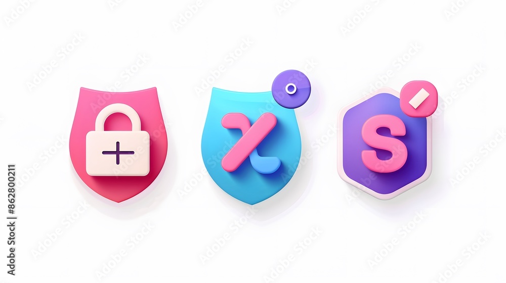 Poster label set with percent, check mark and discount. app icon. 3d web vector illustrations. white backgr