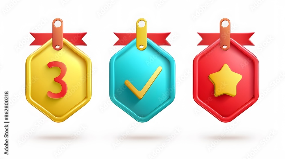 Poster label set with percent, check mark and discount. app icon. 3d web vector illustrations. white backgr
