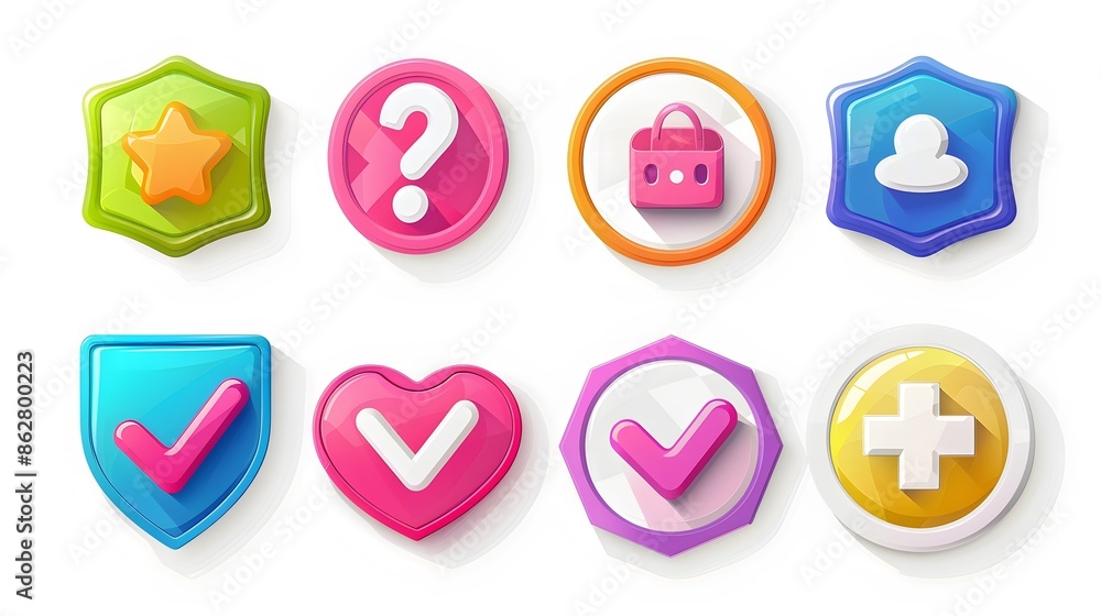 Poster label set with percent, check mark and discount. app icon. 3d web vector illustrations. white backgr