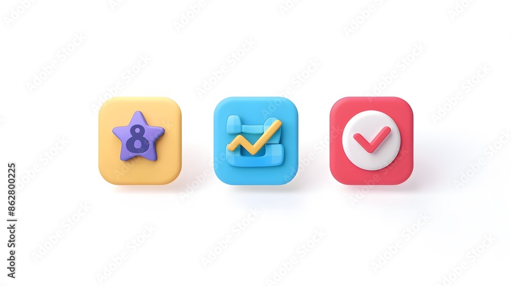 Poster label set with percent, check mark and discount. app icon. 3d web vector illustrations. white backgr