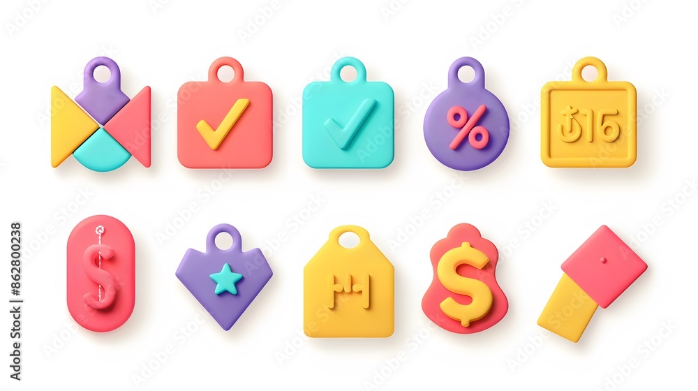 Poster label set with percent, check mark and discount. app icon. 3d web vector illustrations. white backgr