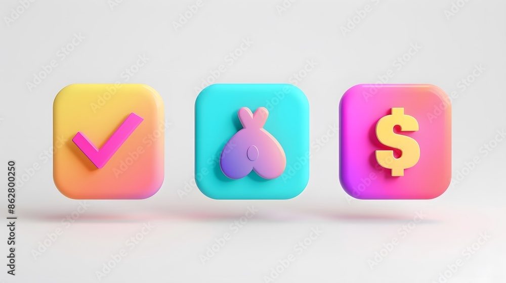 Poster label set with percent, check mark and discount. app icon. 3d web vector illustrations. white backgr