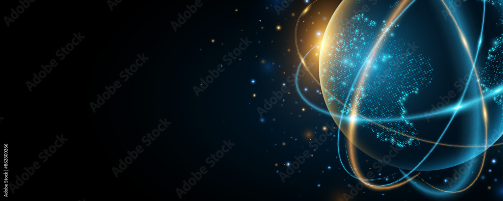 Poster planet earth with digital glowing map of dots. abstract rings in the orbit with stars on dark backgr