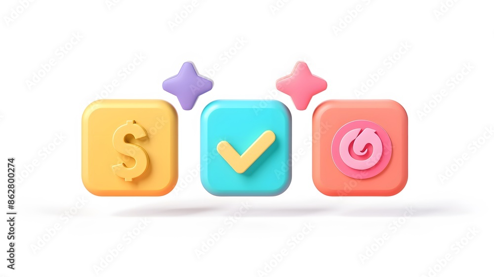 Poster label set with percent, check mark and discount. app icon. 3d web vector illustrations. white backgr