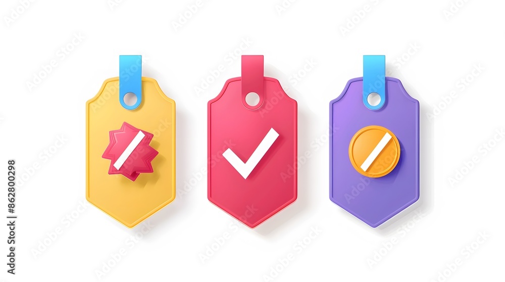 Poster label set with percent, check mark and discount. app icon. 3d web vector illustrations. white backgr