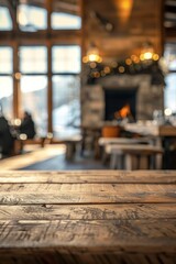 A wooden table in the foreground with a blurred background of a ski lodge. The background includes cozy seating by a fireplace, ski gear, windows with views of snowy slopes.