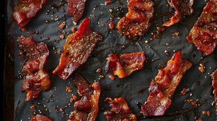 Pieces of candied bacon laid out on a parchment-lined baking tray, with a dark, textured background that enhances the glistening, caramelized surface of the bacon