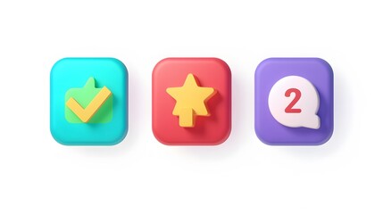 Label set with percent, check mark and discount. App icon. 3D Web Vector Illustrations. White background