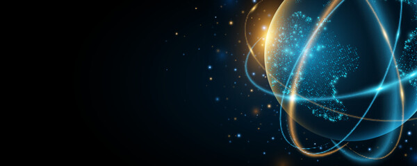 Planet Earth with digital glowing map of dots. Abstract rings in the orbit with stars on dark background. Global communication system. Vector illustration. EPS 10 © sersupervector