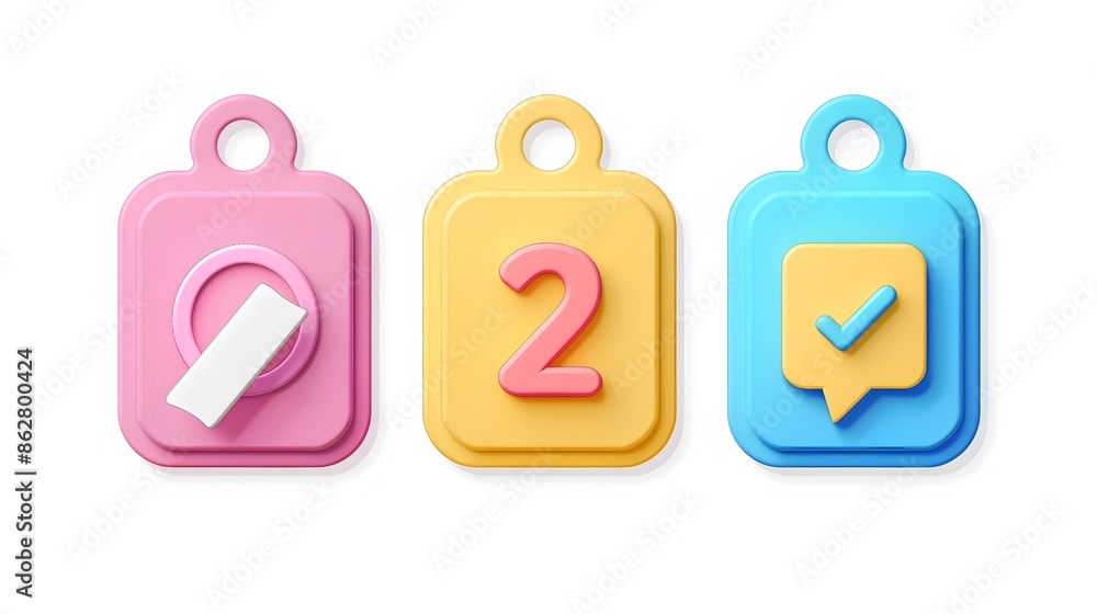 Poster label set with percent, check mark and discount. app icon. 3d web vector illustrations. white backgr
